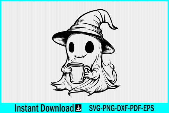 Cute Ghost in Witch Hat with Coffee Cup Graphics for Crafts