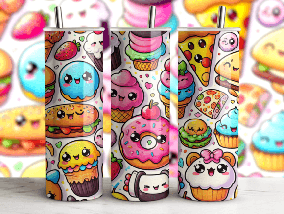 Cute Kawaii Food Pattern Tumbler Wrap Graphics
