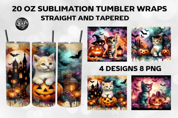 Kitten Halloween Scene Tumbler Wrap PNG for Crafting